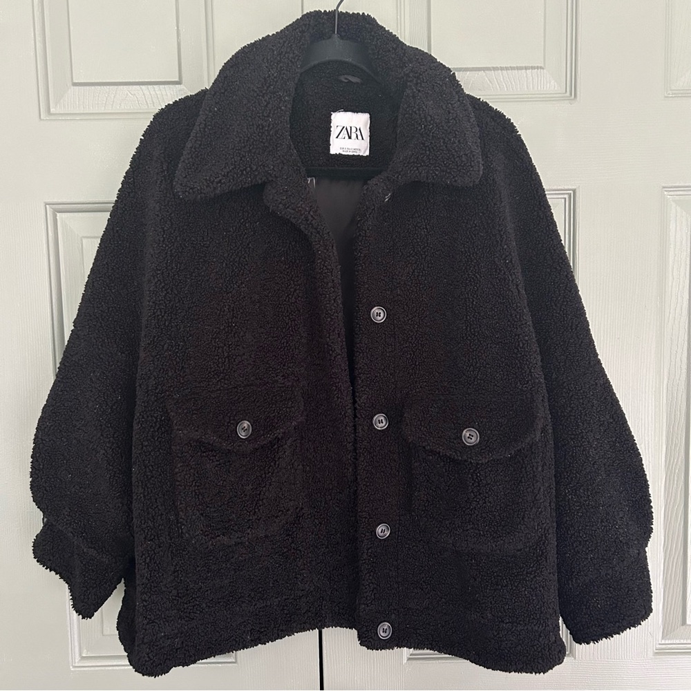 Zara Black Shearling Teddy Fleece Jacket‎